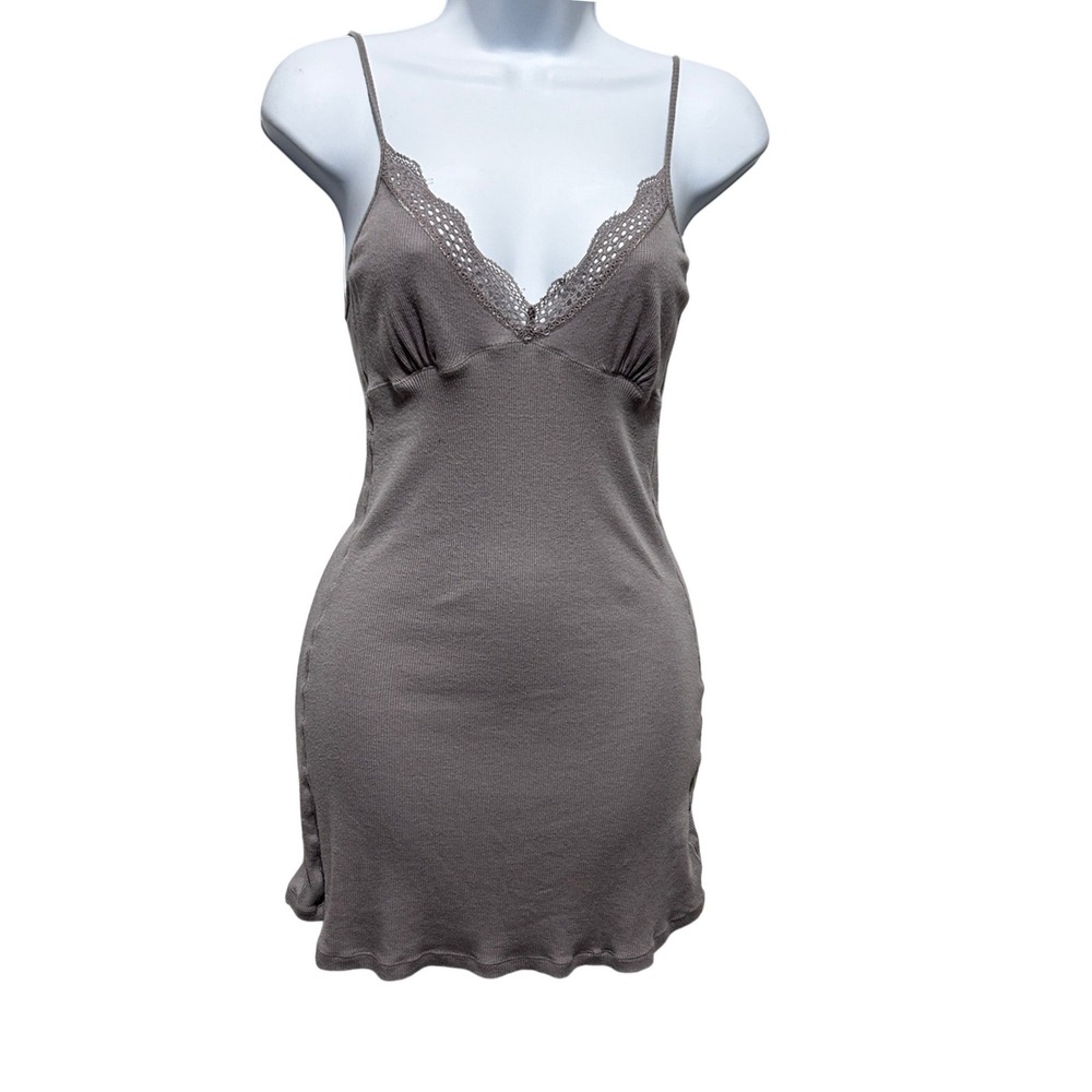 Victorias Secret Women Long Fitted Cami Y2K Tank S Taupe Ribbed‎ Lace Trim Layer